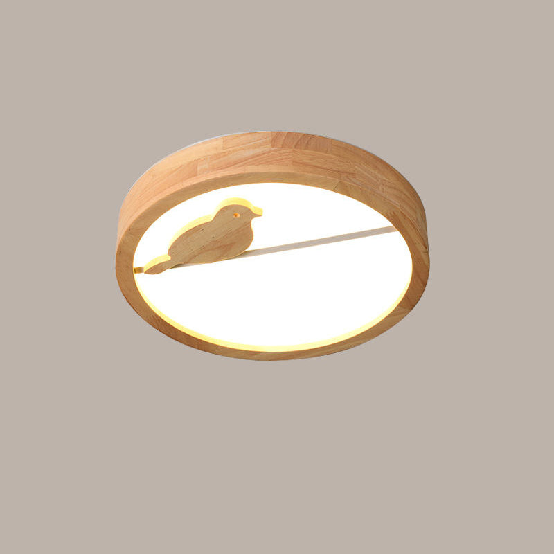 Contemporary Nordic Round Birds Acrylic Rubber Wood LED Flush Mount Ceiling Light For Bedroom