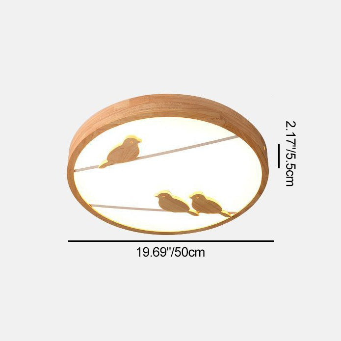 Contemporary Nordic Round Birds Acrylic Rubber Wood LED Flush Mount Ceiling Light For Bedroom