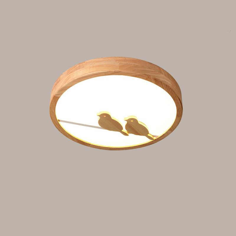 Contemporary Nordic Round Birds Acrylic Rubber Wood LED Flush Mount Ceiling Light For Bedroom