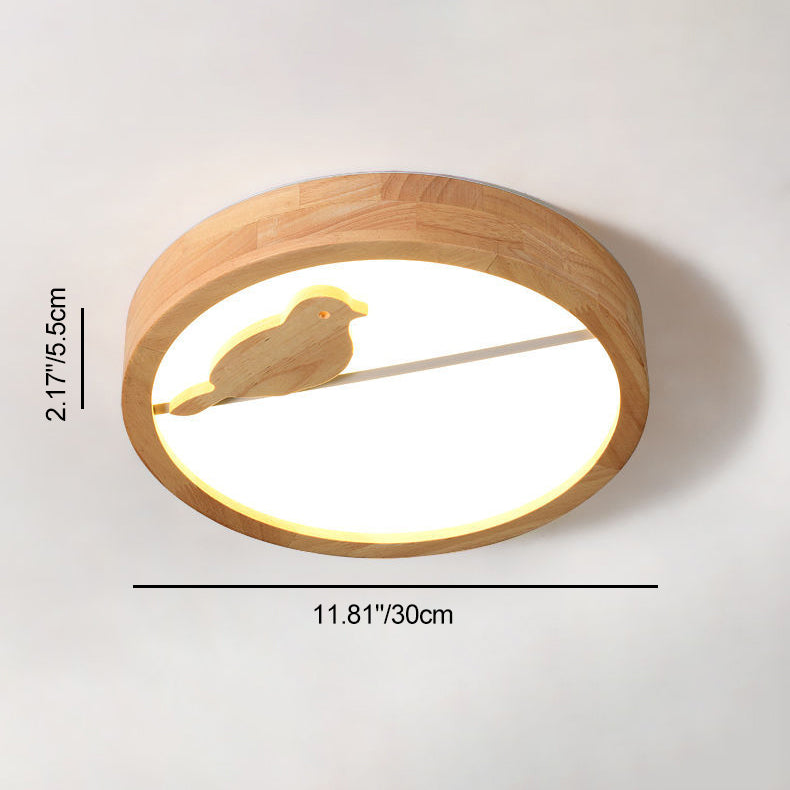 Contemporary Nordic Round Birds Acrylic Rubber Wood LED Flush Mount Ceiling Light For Bedroom