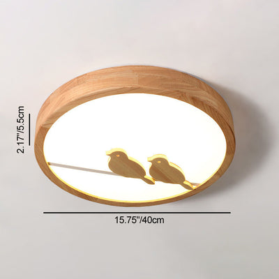 Contemporary Nordic Round Birds Acrylic Rubber Wood LED Flush Mount Ceiling Light For Bedroom