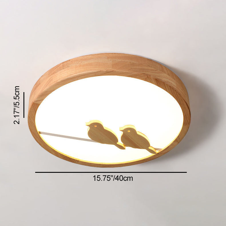 Contemporary Nordic Round Birds Acrylic Rubber Wood LED Flush Mount Ceiling Light For Bedroom