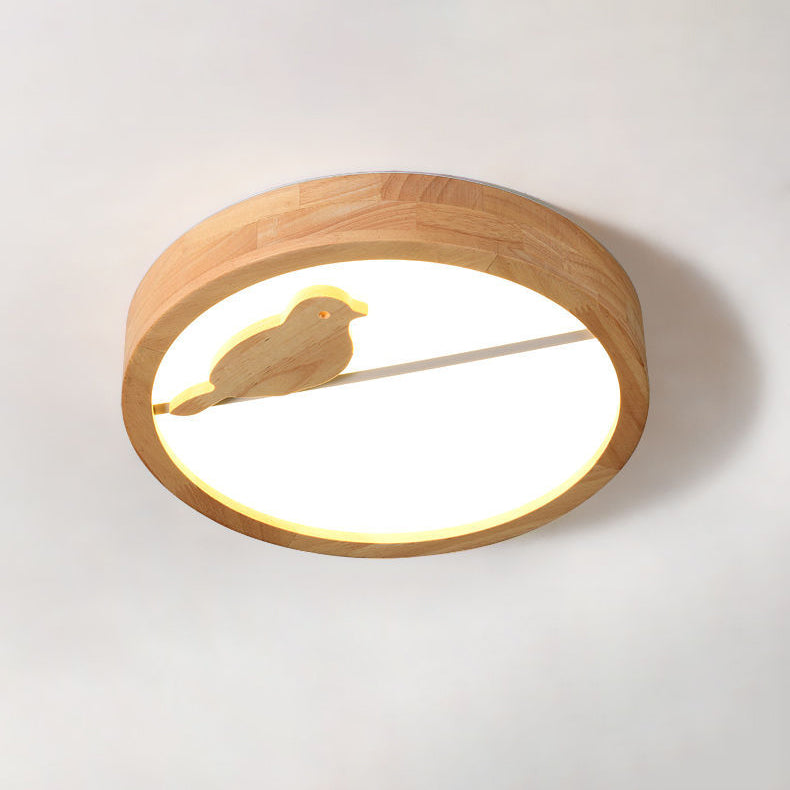 Contemporary Nordic Round Birds Acrylic Rubber Wood LED Flush Mount Ceiling Light For Bedroom