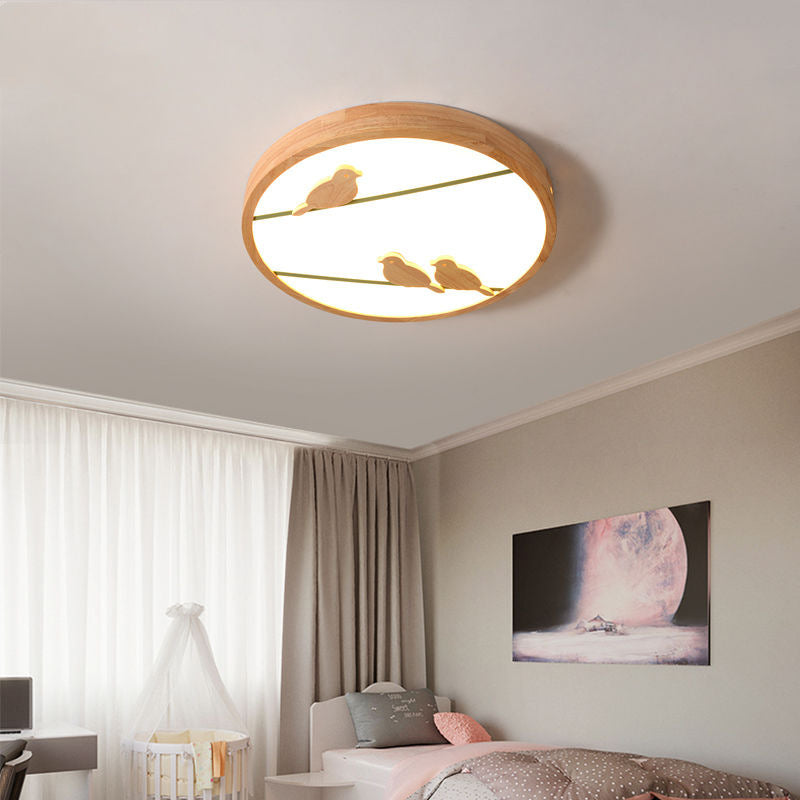 Contemporary Nordic Round Birds Acrylic Rubber Wood LED Flush Mount Ceiling Light For Bedroom