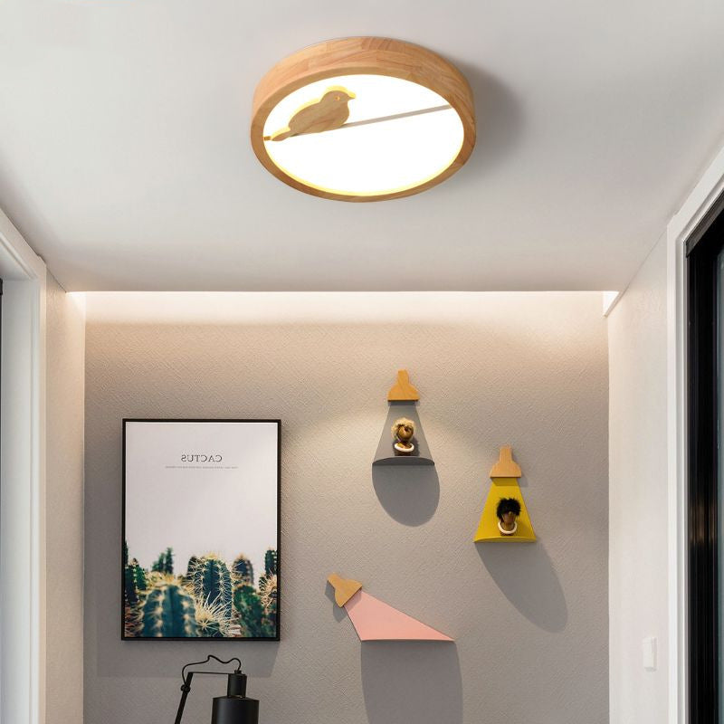 Contemporary Nordic Round Birds Acrylic Rubber Wood LED Flush Mount Ceiling Light For Bedroom