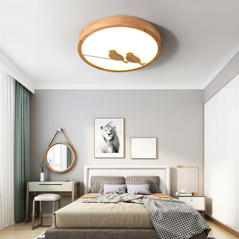 Contemporary Nordic Round Birds Acrylic Rubber Wood LED Flush Mount Ceiling Light For Bedroom