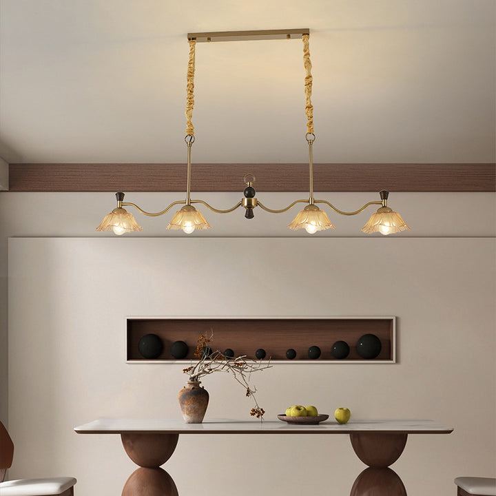 Traditional French Flower Iron Solid Wood Glass 4 - Light Chandelier Island Light For Dining Room