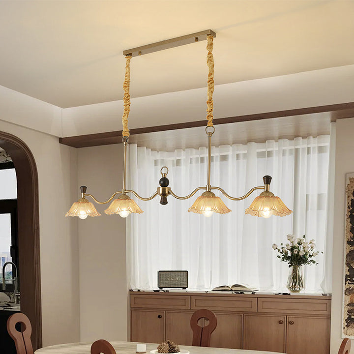 Traditional French Flower Iron Solid Wood Glass 4 - Light Chandelier Island Light For Dining Room