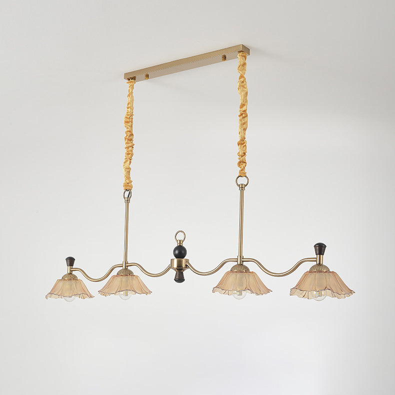 Traditional French Flower Iron Solid Wood Glass 4 - Light Chandelier Island Light For Dining Room