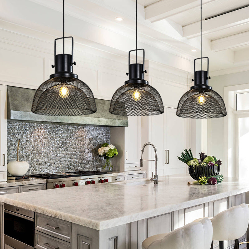 Contemporary Scandinavian Semicircular Wrought Iron Grid Lampshade 1 - Light Pendant Light For Dining Room