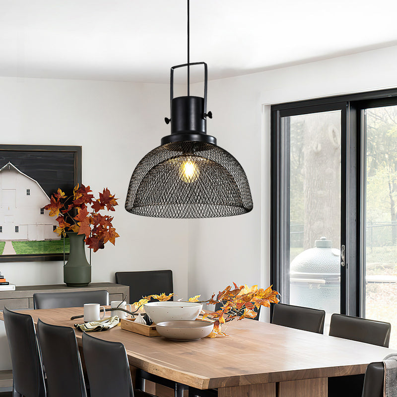 Contemporary Scandinavian Semicircular Wrought Iron Grid Lampshade 1 - Light Pendant Light For Dining Room