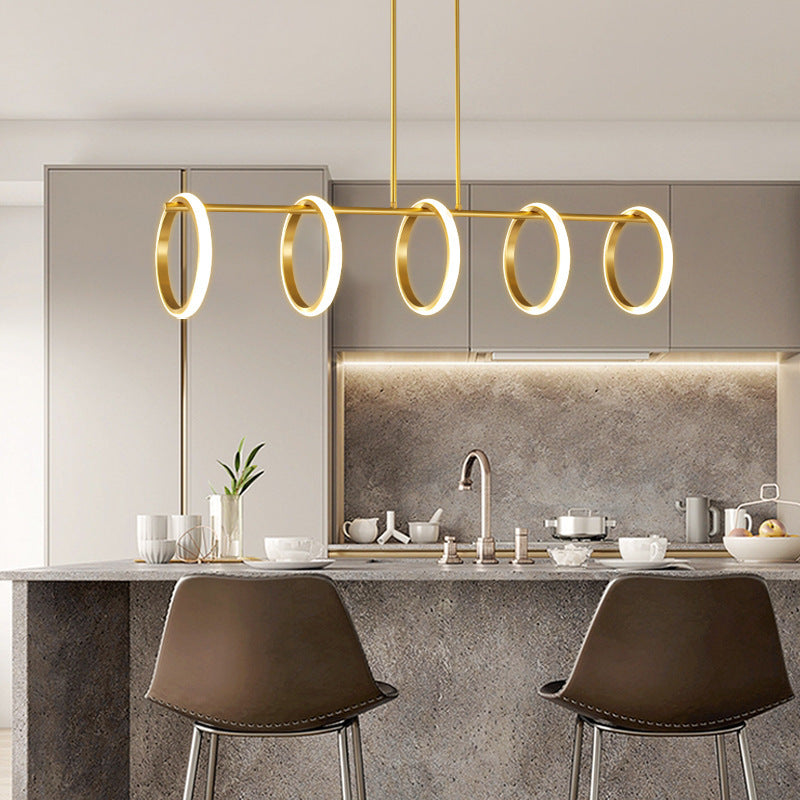 Contemporary Scandinavian Straight Line Circle Copper Silicone LED Chandelier Island Light For Dining Room