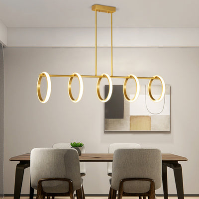 Contemporary Scandinavian Straight Line Circle Copper Silicone LED Chandelier Island Light For Dining Room