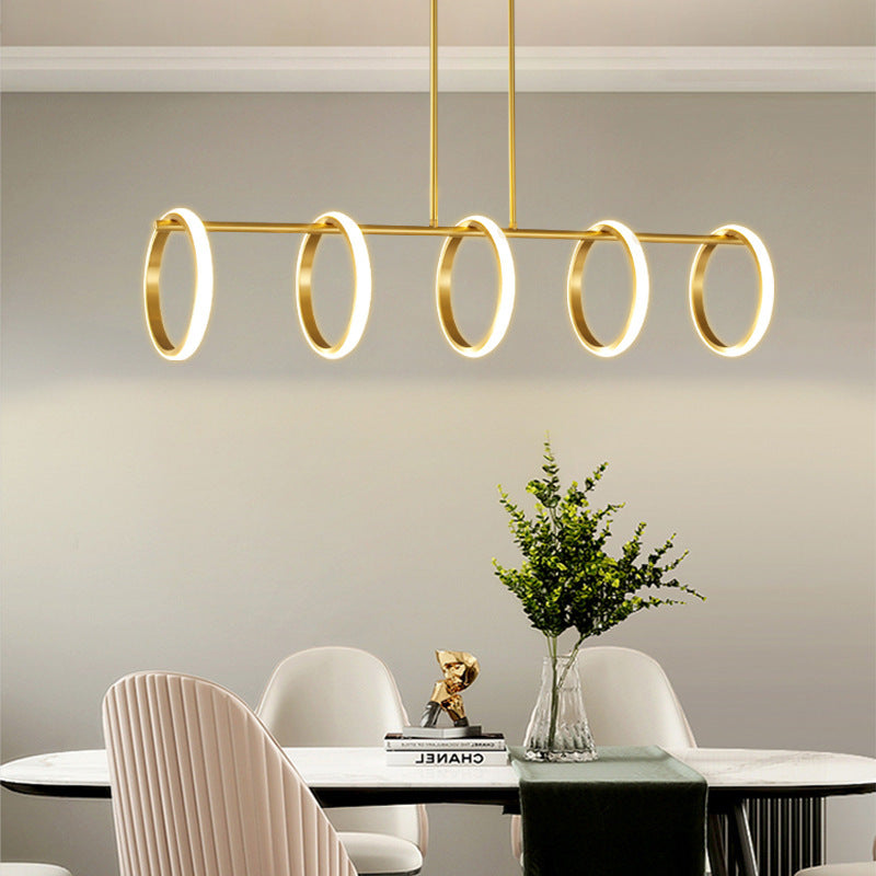 Contemporary Scandinavian Straight Line Circle Copper Silicone LED Chandelier Island Light For Dining Room