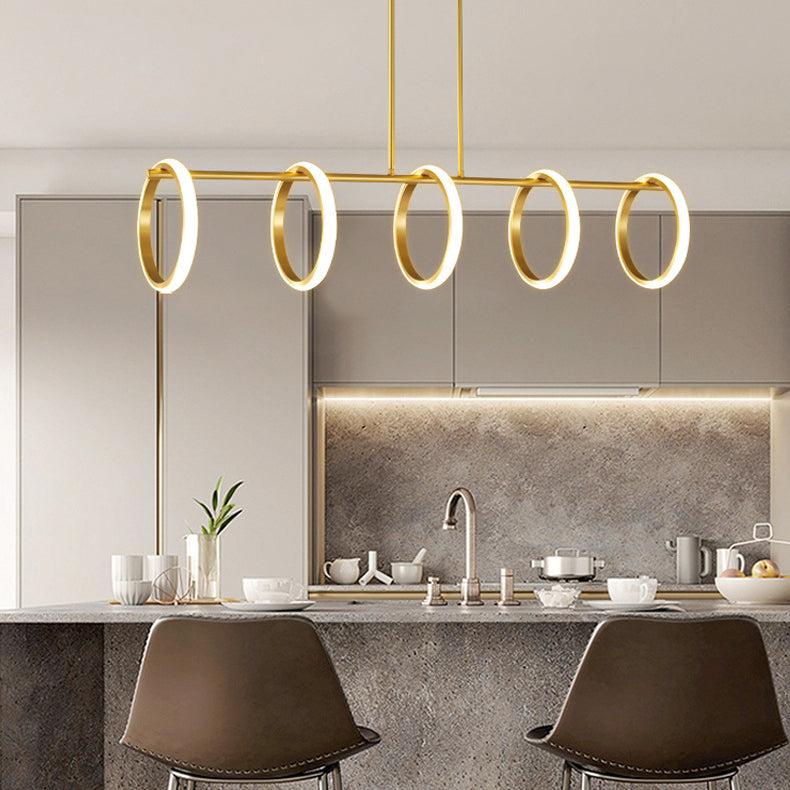 Contemporary Scandinavian Straight Line Circle Copper Silicone LED Chandelier Island Light For Dining Room