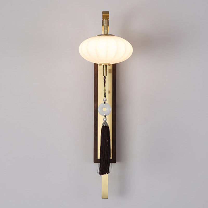 Lanterne ovale chinoise traditionnelle avec abat-jour en cuivre et noyer 1 - Applique murale pour salon 