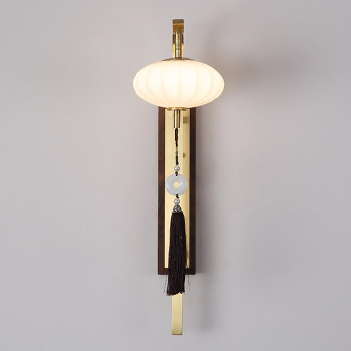 Lanterne ovale chinoise traditionnelle avec abat-jour en cuivre et noyer 1 - Applique murale pour salon 