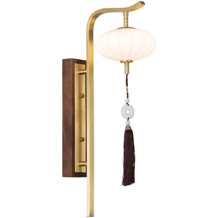 Lanterne ovale chinoise traditionnelle avec abat-jour en cuivre et noyer 1 - Applique murale pour salon 