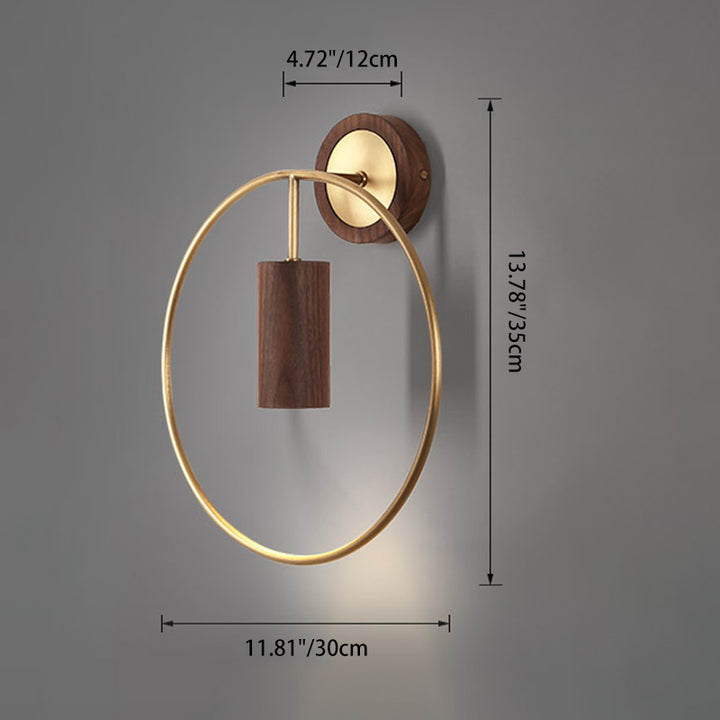 Traditional Chinese Circle Cylinder Copper Walnut Lampshade 1 - Light Wall Sconce Lamp For Living Room