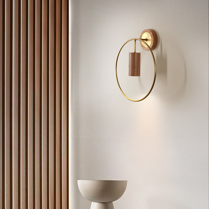 Traditional Chinese Circle Cylinder Copper Walnut Lampshade 1 - Light Wall Sconce Lamp For Living Room