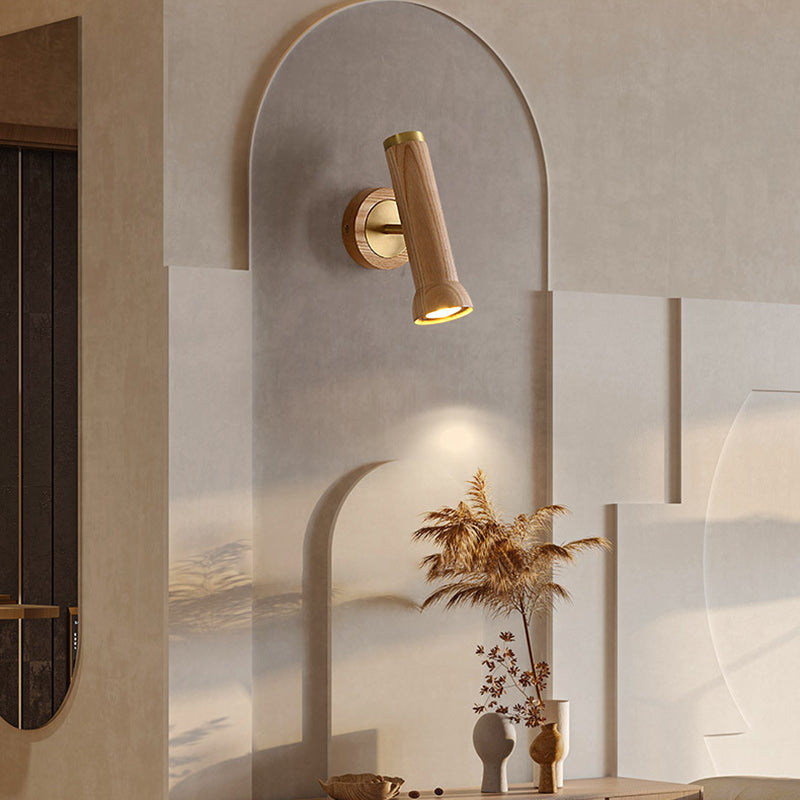 Forme de lampe de poche cylindrique japonaise traditionnelle en cuivre avec abat-jour en noyer 1 - Applique murale à une lumière pour salon 