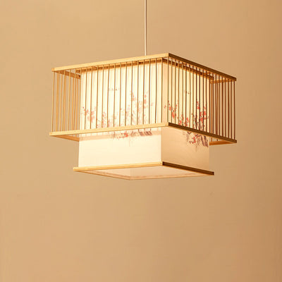 Lustre traditionnel carré en bambou PVC avec broderie cube japonais à 1 lumière pour salle à manger 