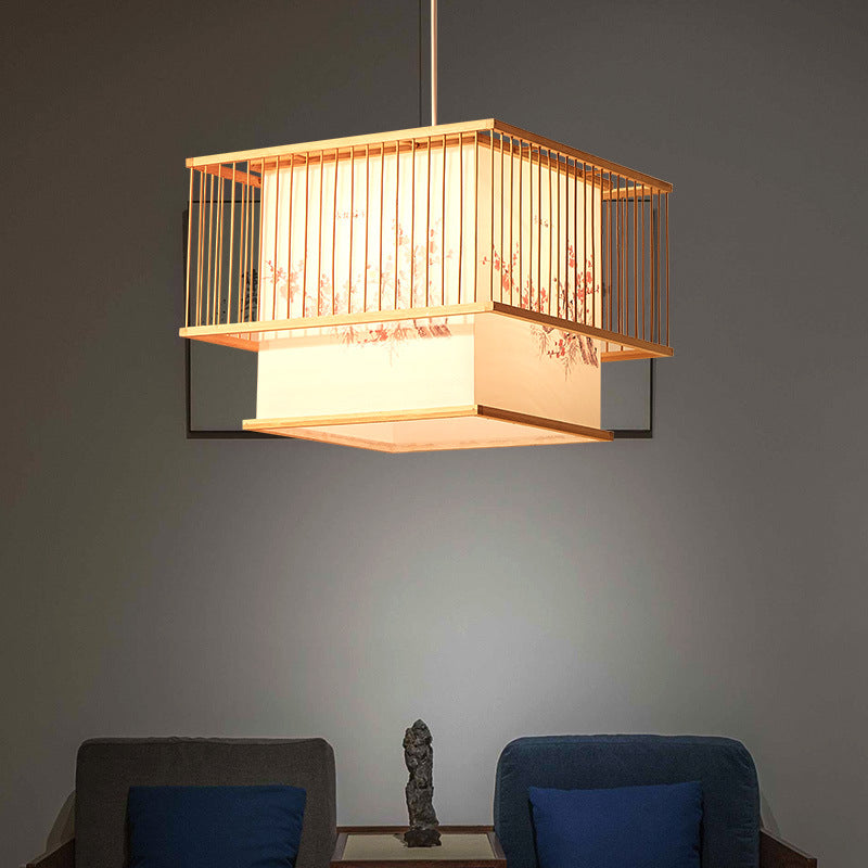 Lustre traditionnel carré en bambou PVC avec broderie cube japonais à 1 lumière pour salle à manger 