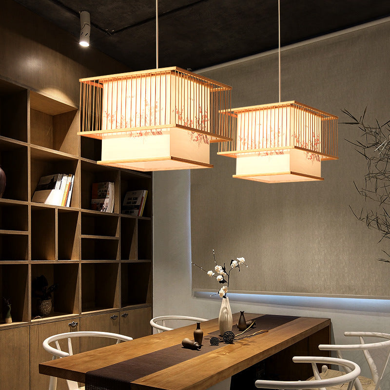 Lustre traditionnel carré en bambou PVC avec broderie cube japonais à 1 lumière pour salle à manger 