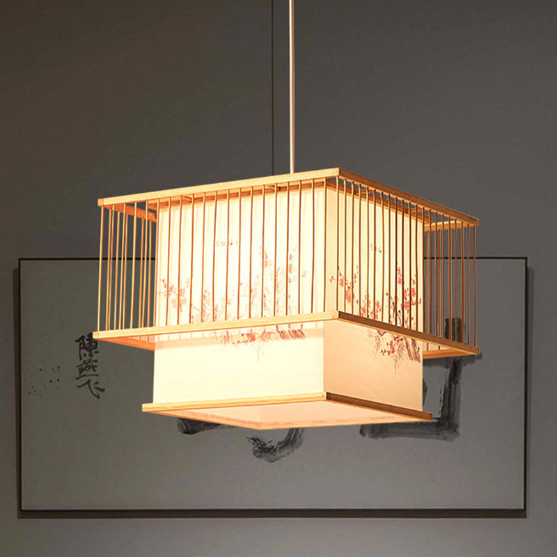 Lustre traditionnel carré en bambou PVC avec broderie cube japonais à 1 lumière pour salle à manger 