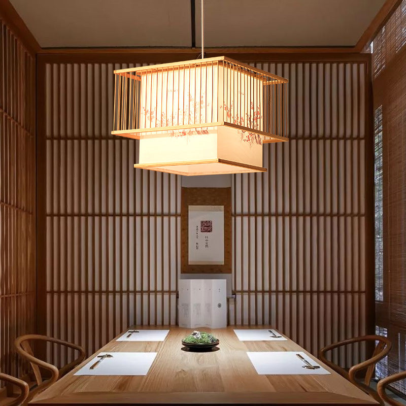 Lustre traditionnel carré en bambou PVC avec broderie cube japonais à 1 lumière pour salle à manger 