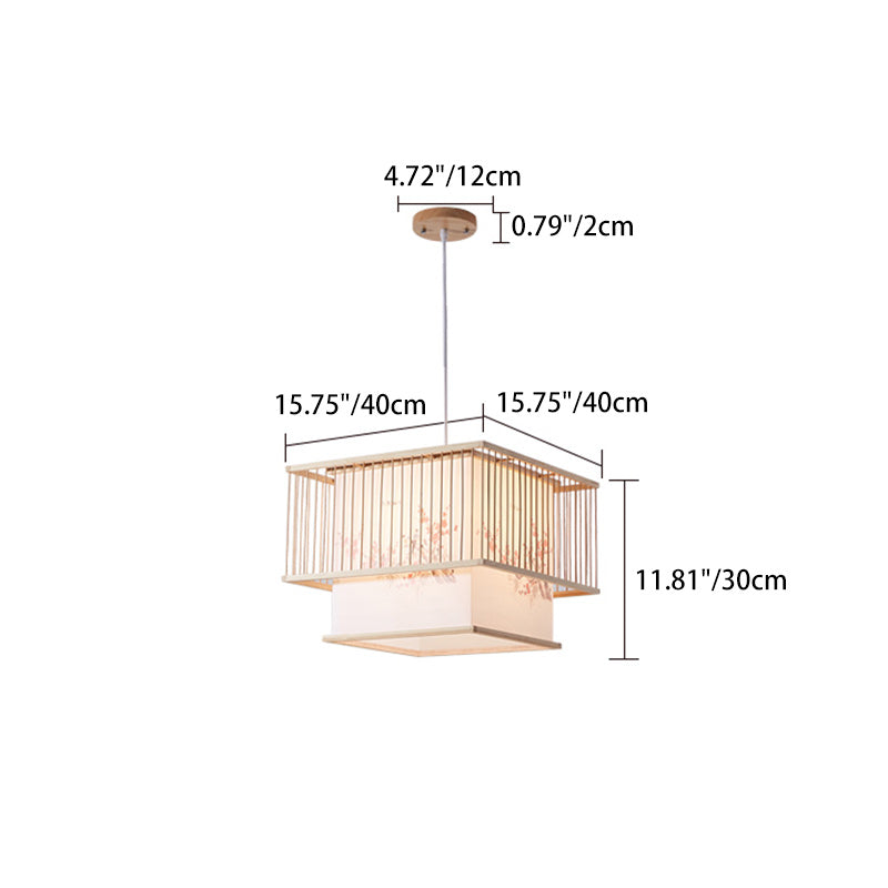 Lustre traditionnel carré en bambou PVC avec broderie cube japonais à 1 lumière pour salle à manger 