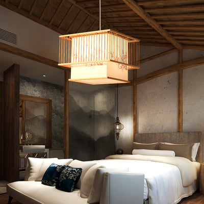 Lustre traditionnel carré en bambou PVC avec broderie cube japonais à 1 lumière pour salle à manger 