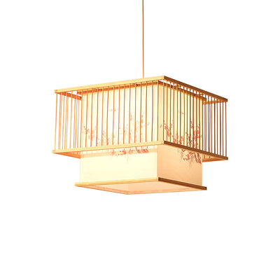 Lustre traditionnel carré en bambou PVC avec broderie cube japonais à 1 lumière pour salle à manger 