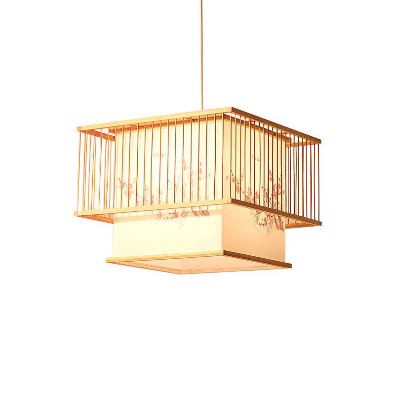Lustre traditionnel carré en bambou PVC avec broderie cube japonais à 1 lumière pour salle à manger 