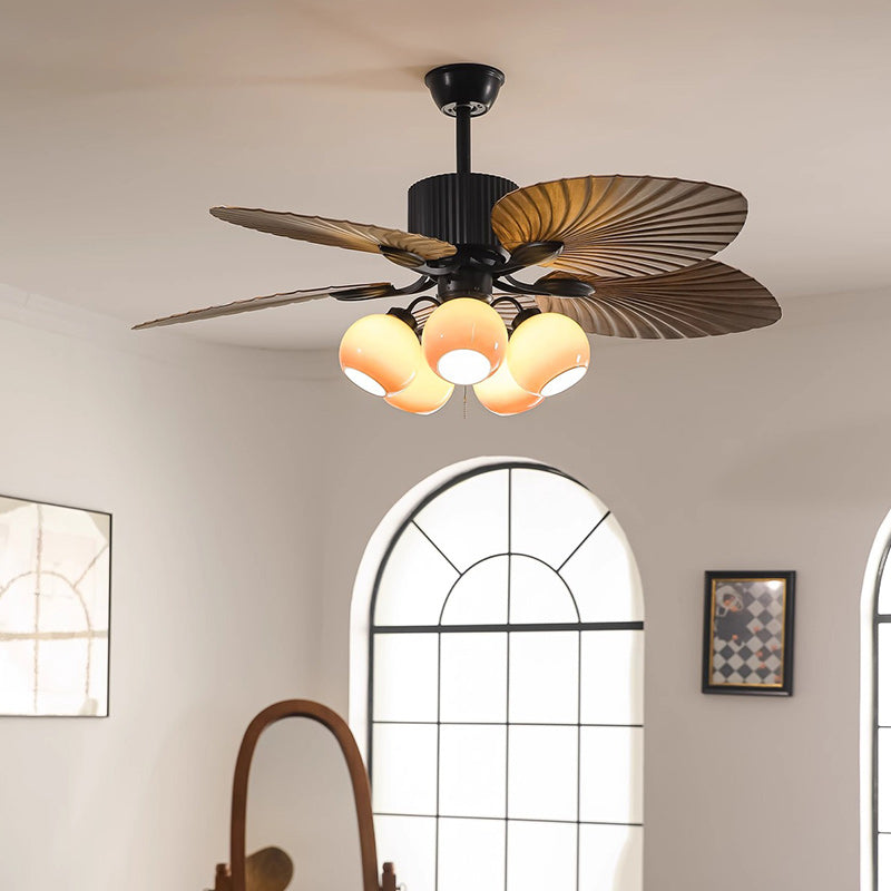 Traditioneller französischer Bananenblätter-ABS-Ventilator mit rundem Glasschirm aus Eisen, 5 - Lichtstangen Deckenventilatorlicht für Wohnzimmer 