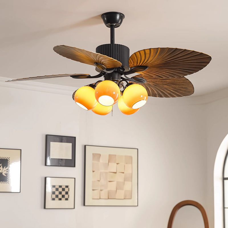 Traditioneller französischer Bananenblätter-ABS-Ventilator mit rundem Glasschirm aus Eisen, 5 - Lichtstangen Deckenventilatorlicht für Wohnzimmer 