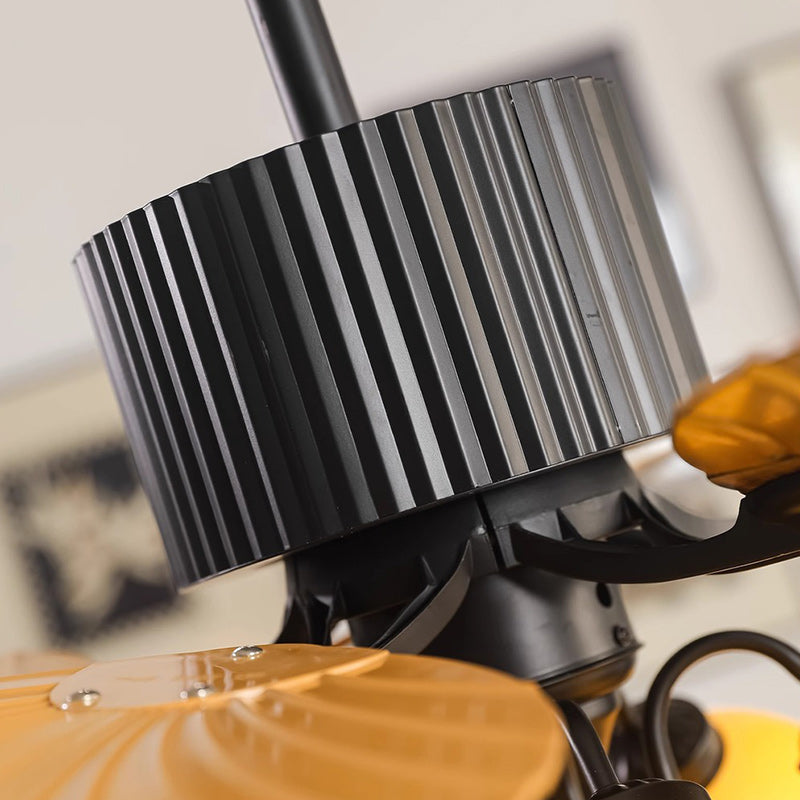 Traditioneller französischer Bananenblätter-ABS-Ventilator mit rundem Glasschirm aus Eisen, 5 - Lichtstangen Deckenventilatorlicht für Wohnzimmer 