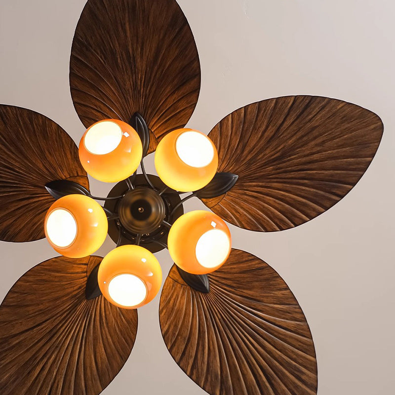 Traditioneller französischer Bananenblätter-ABS-Ventilator mit rundem Glasschirm aus Eisen, 5 - Lichtstangen Deckenventilatorlicht für Wohnzimmer 