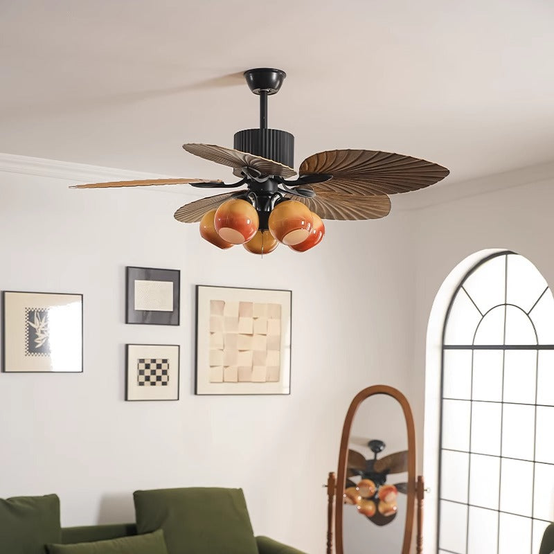 Traditioneller französischer Bananenblätter-ABS-Ventilator mit rundem Glasschirm aus Eisen, 5 - Lichtstangen Deckenventilatorlicht für Wohnzimmer 