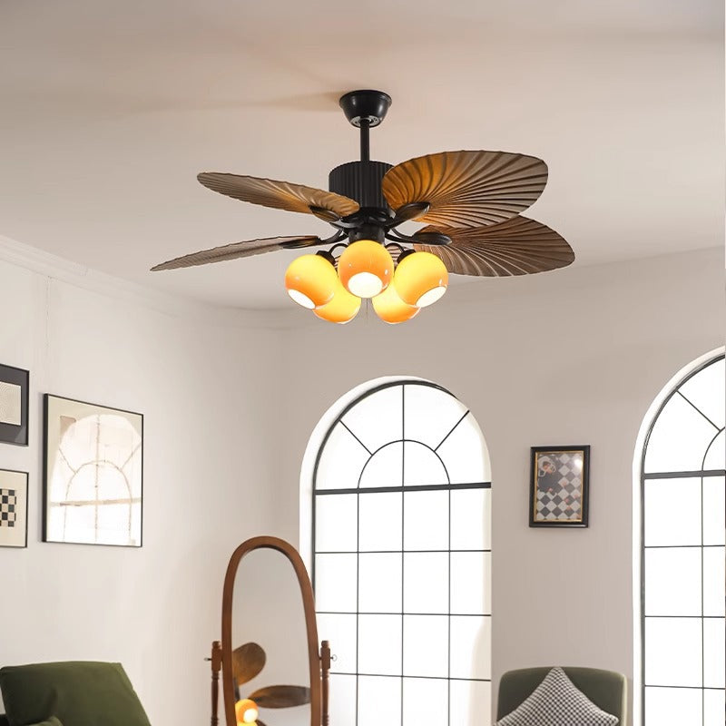 Traditioneller französischer Bananenblätter-ABS-Ventilator mit rundem Glasschirm aus Eisen, 5 - Lichtstangen Deckenventilatorlicht für Wohnzimmer 