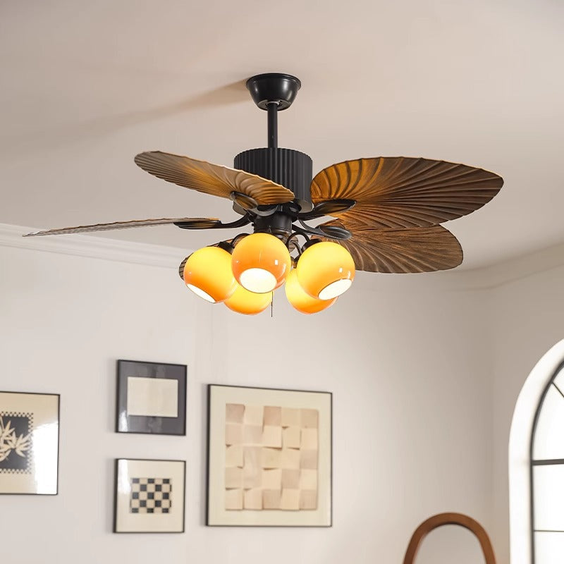 Traditioneller französischer Bananenblätter-ABS-Ventilator mit rundem Glasschirm aus Eisen, 5 - Lichtstangen Deckenventilatorlicht für Wohnzimmer 