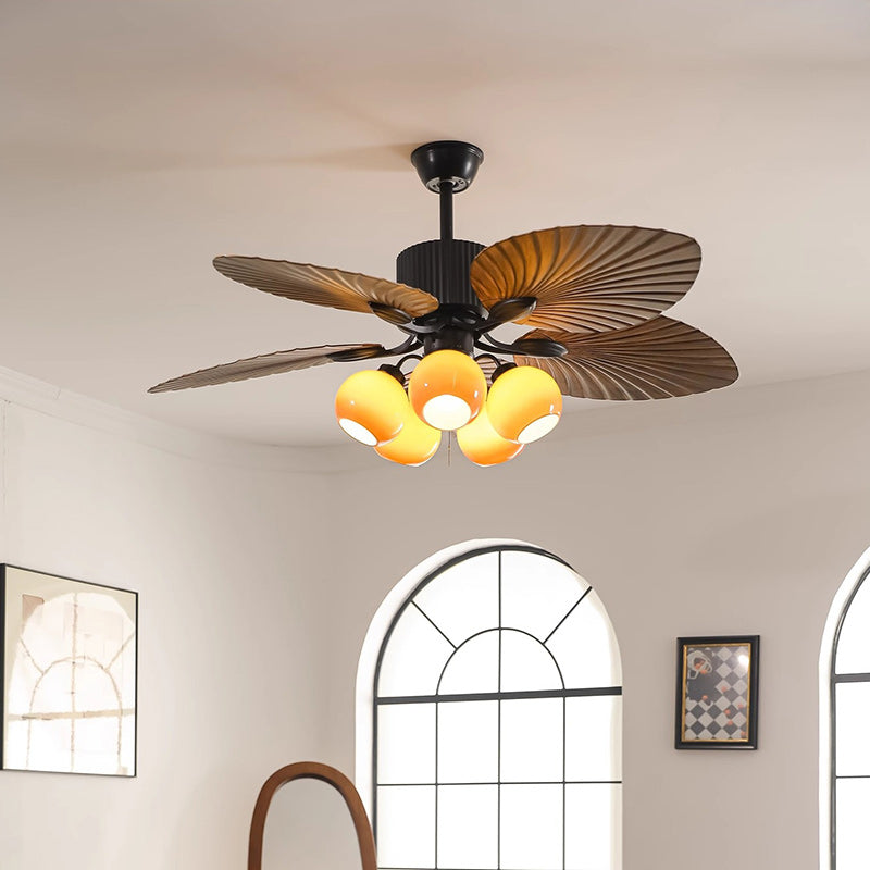 Traditioneller französischer Bananenblätter-ABS-Ventilator mit rundem Glasschirm aus Eisen, 5 - Lichtstangen Deckenventilatorlicht für Wohnzimmer 