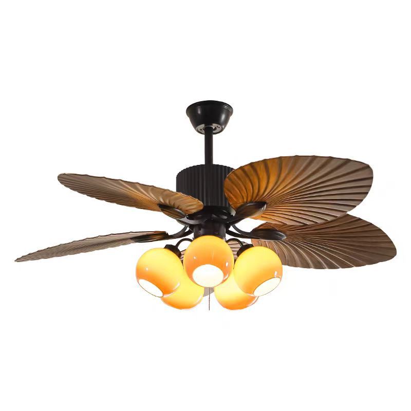 Traditioneller französischer Bananenblätter-ABS-Ventilator mit rundem Glasschirm aus Eisen, 5 - Lichtstangen Deckenventilatorlicht für Wohnzimmer 