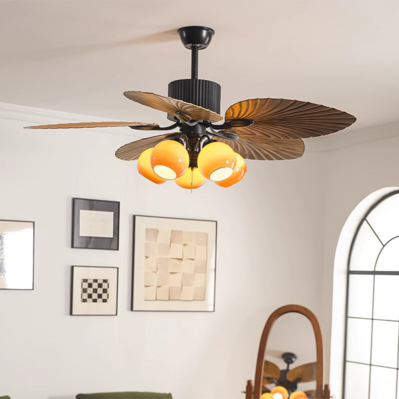 Traditioneller französischer Bananenblätter-ABS-Ventilator mit rundem Glasschirm aus Eisen, 5 - Lichtstangen Deckenventilatorlicht für Wohnzimmer 