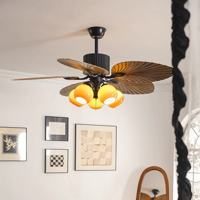 Traditioneller französischer Bananenblätter-ABS-Ventilator mit rundem Glasschirm aus Eisen, 5 - Lichtstangen Deckenventilatorlicht für Wohnzimmer 