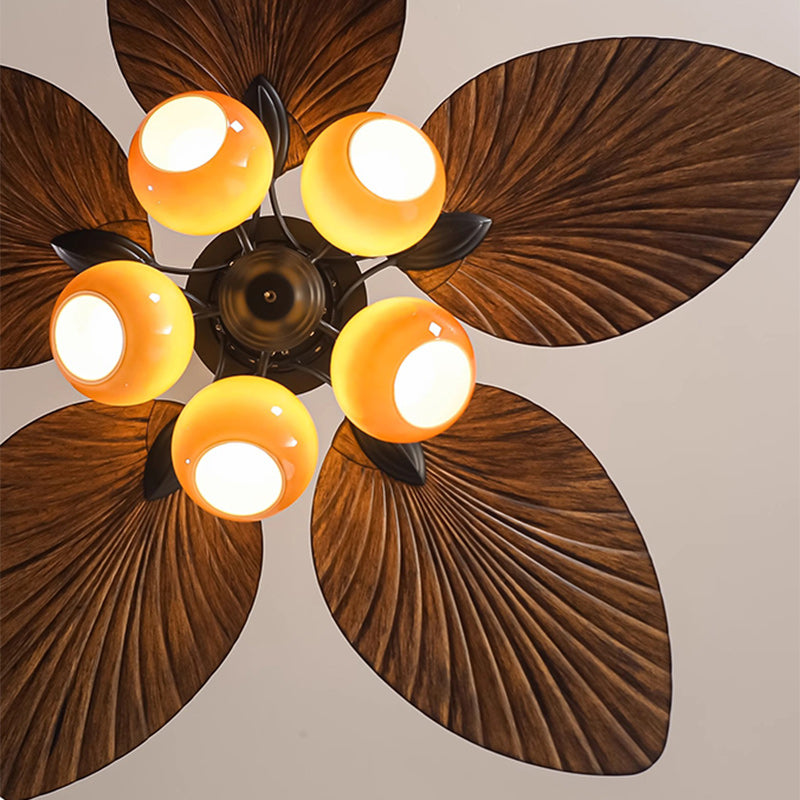 Traditioneller französischer Bananenblätter-ABS-Ventilator mit rundem Glasschirm aus Eisen, 5 - Lichtstangen Deckenventilatorlicht für Wohnzimmer 