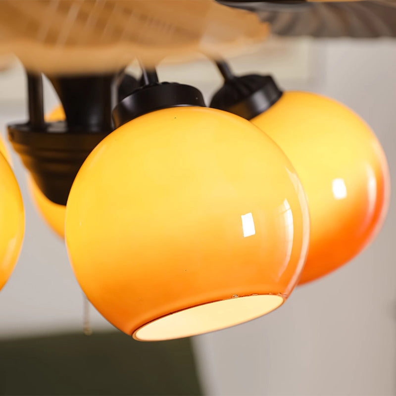 Traditioneller französischer Bananenblätter-ABS-Ventilator mit rundem Glasschirm aus Eisen, 5 - Lichtstangen Deckenventilatorlicht für Wohnzimmer 