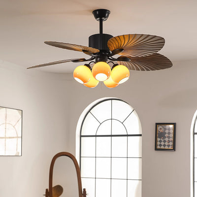 Traditioneller französischer Bananenblätter-ABS-Ventilator mit rundem Glasschirm aus Eisen, 5 - Lichtstangen Deckenventilatorlicht für Wohnzimmer 