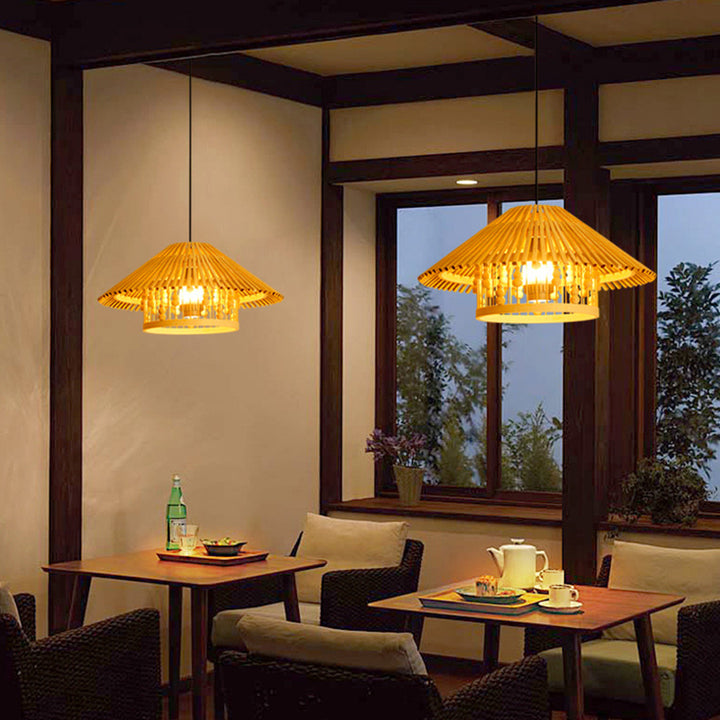 Traditional Japanese House Shape Solid Wood Weaving 1 - Light Chandelier For Dining Room