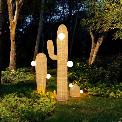 Contemporary Creative Cactus Waterproof Rubber Rattan Stainless Steel 2 - Light Standing Floor Lamp For Outdoor Patio